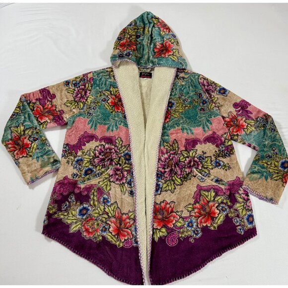 Johnny Was BIYA Sherpa Lined Floral Hoodie Jacket Boho Artwear Velvet M Jewelton - Picture 3 of 16